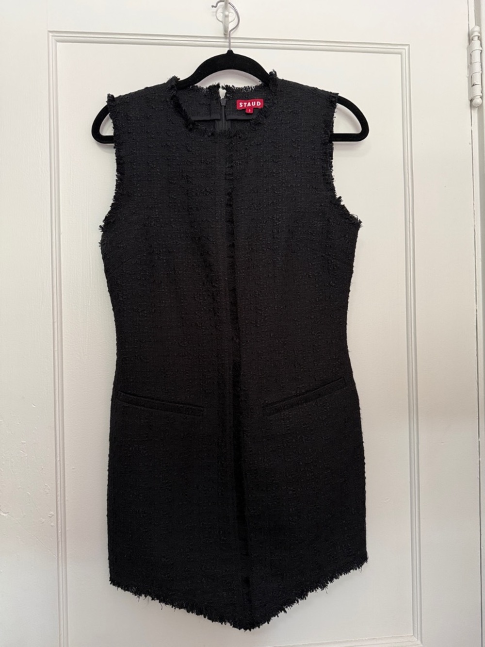 STAUD Black Sleeveless Tweed Shift Dress with Frayed Edges